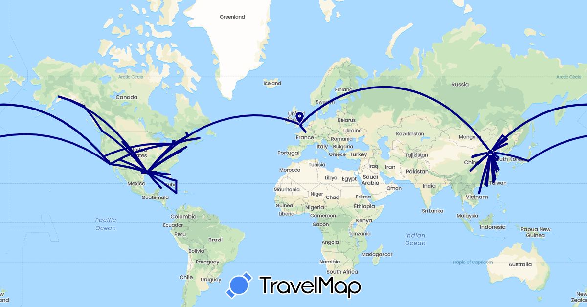 TravelMap itinerary: driving in Bahamas, Canada, China, France, United Kingdom, Jamaica, Japan, Mexico, United States (Asia, Europe, North America)